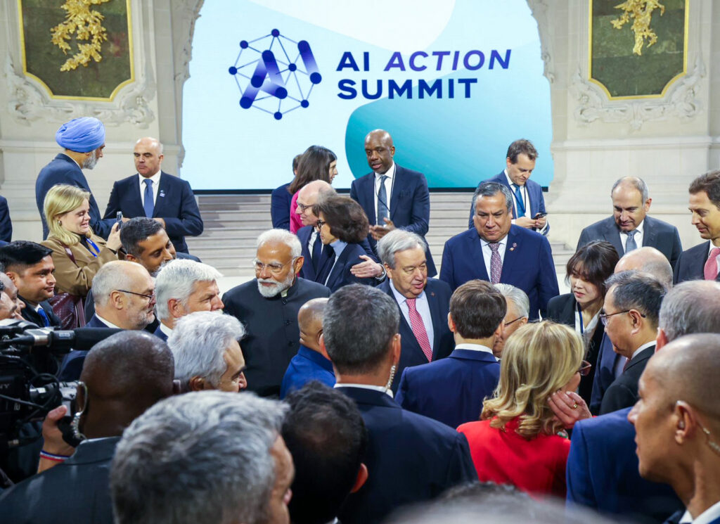 Prime Minister Narendra Modi with United Nations Secretary-General António Guterres and others at the AI Action Summit in Paris