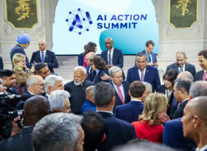 Prime Minister Narendra Modi with United Nations Secretary-General António Guterres and others at the AI Action Summit in Paris