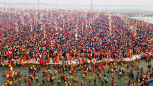 An aerial view of Triveni Sangam as devotees take holy dip during the ongoing 'Mahakumbh Mela 2025'