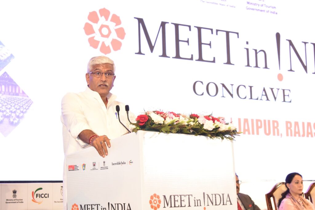 Tourism Minister Gajendra Singh Shekhawat addressing Meet In India Conclave 2025